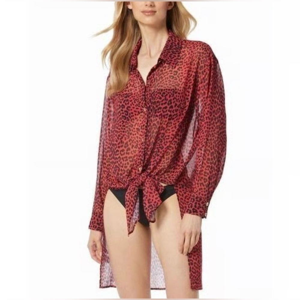 Michael Kors Sheer Animal Print Cover-Up Shirt Sea Coral L NWT Beach Swim - Picture 3 of 7